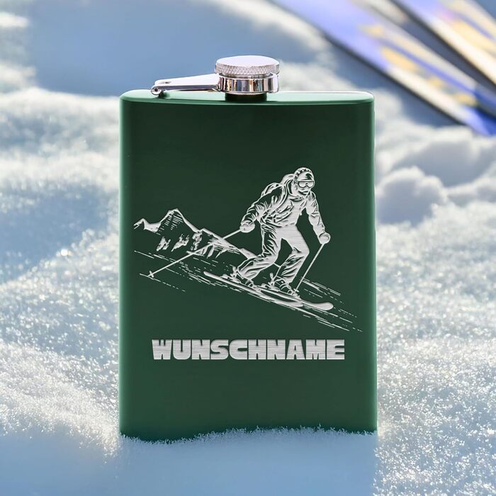 Фляга з нержавіючої сталі з гравіюванням Flanacom, 227 мл, з воронкою. Ідеальний подарунок для любителів катання на лижах. Персоналізована з індивідуальним гравіюванням (дизайн 4, зелений)