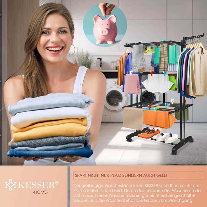 Кесер® Сушилка для білизни з колесами - тур-модель, 4 яруси, 2 обертові крила, 6 розкладних рівнів, білий/антрацит (чорний)