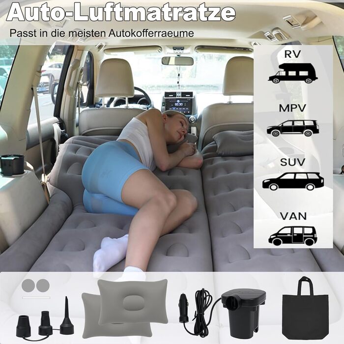 Надувний матрац для авто SUV, вантажівки та кемпінгу - матрац для заднього сидіння з електричною помпою, сірий
