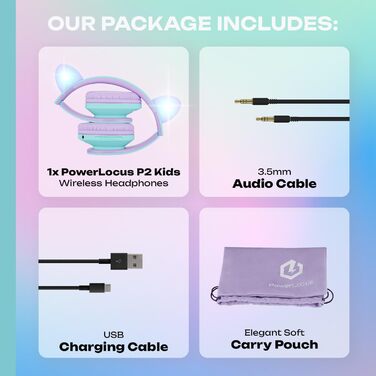 Дитячі навушники PowerLocus Bluetooth з обмеженням гучності 85dB, складні, з чохлом, Over-Ear, бездротові та з кабелем, з мікрофоном, підтримка Micro-SD, для телефону, ПК, планшета, зелені (фіолетові/зелені з вушками)