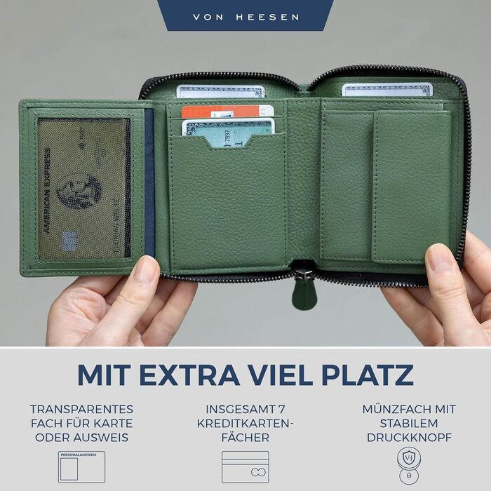 VON HEESEN гаманець з натуральної шкіри з RFID-захистом, зелений, для чоловіків і жінок, з монетницею