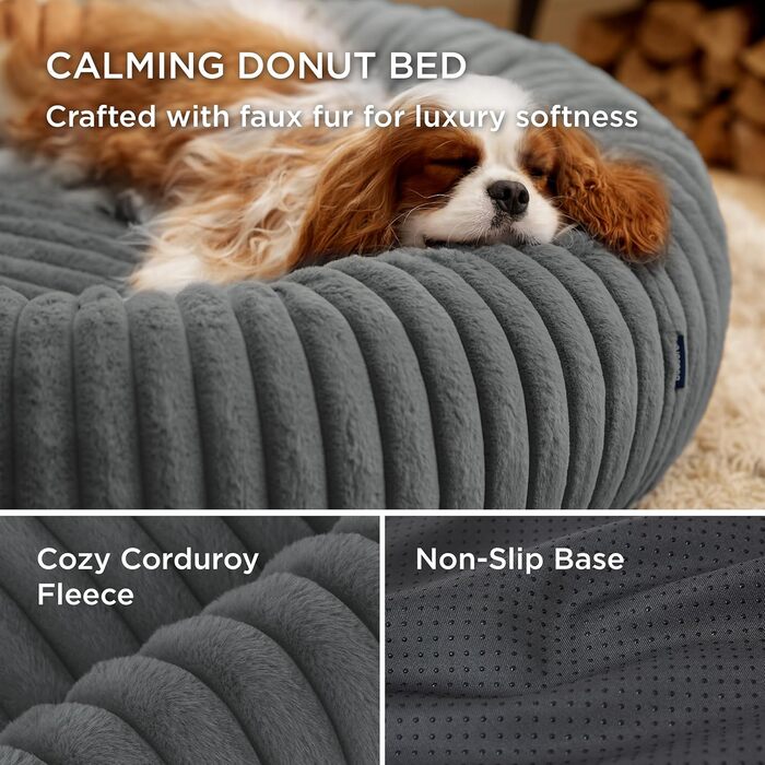 BEDSURE Ортопедичне ліжко для котів - пухнасте кільце 51x51x15 см, кругле котяче ліжко з знімним чохлом Cord-Fleece, неслизьке дно, (51 x 51 x 15 см (Д x Ш x В), Темно-сірий)