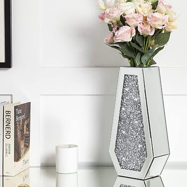 Срібна ваза Shyfoy з дзеркальною поверхнею, 36 см, з декором з кристалів та діамантів. Сучасна ваза для декору інтер'єру, для дому, на стіл, вхід.