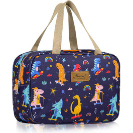 Велика косметичка для подорожей, жіноча косметичка-органайзер, косметичка для макіяжу з ручкою, велика дорожня косметичка для аксесуарів, темно-синя з динозавром (#9 Blätter)