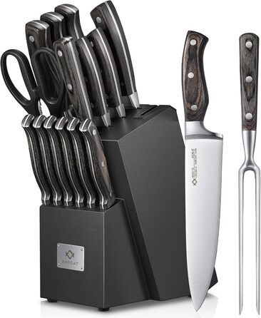 AMEGAT Self-Sharpening Knife Block Set with Carving Fork - Premium Stainless Steel Knife Set with Wooden Block - Vollerl & 3-Rivets Design