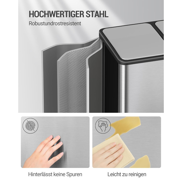 Відро для сміття з сортуванням 2 відділення 60 л (2 x 30 л), нержавіюча сталь, з педаллю, тихий закриття, з 15 пакетами, срібний SW06099E