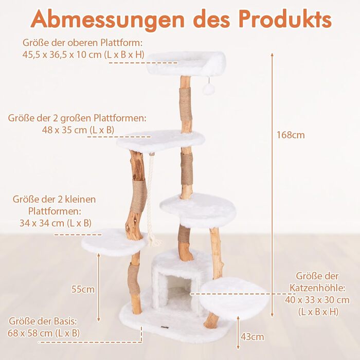 Дерев'яний кігтеточки для котів Costway 87см з гамаком та джутовими стовпчиками, з м'якими сидіннями, білий, 2 стовпчики (3 стовпчики з печереєю)