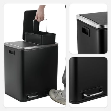 Відро для сміття LIFERUN з двома відсіками, 2 x 15 літрів, металеве, з м'яким закриттям кришки, знімний внутрішній відро, ручки, відро з педаллю, для квартири, маленької сім'ї (Чорний)