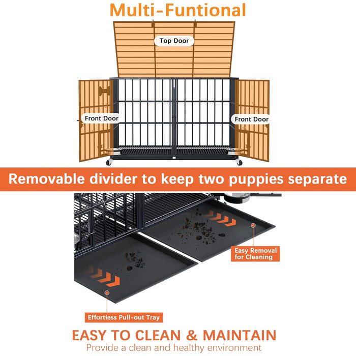Клітка для собак, переноска для собак з піддоном, клітка-роздільник, клітка-ґратка з 2 дверцятами та піддоном, подвійна клітка 2 в 1 для великих та середніх собак, 107 x 73 x 69 см, чорний L