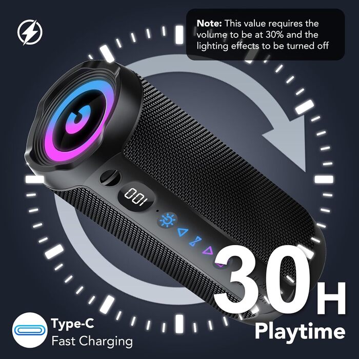 Портативна Bluetooth колонка COIOC з підсвіткою, 30W, IPX7, 30 годин, AUX, TF карта - Чорна