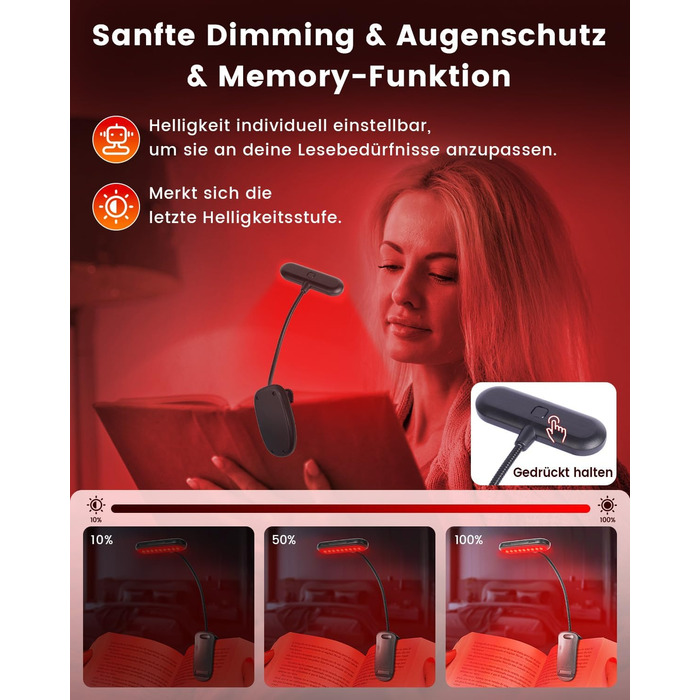 Ліхтарик для читання з червоним світлом 670 нм, кліпса на книгу, з функцією пам'яті, димування та USB-зарядкою. Без синього світла, портативний, для ліжка та захисту очей.