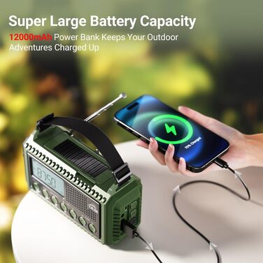 Mesqool Радіоприймач на кришці з Powerbank 12000mAh, AM/FM/SW, радіо невідкладної допомоги з SOS-сигналом, ліхтарик, динамо, для кемпінгу та подорожей, зелений