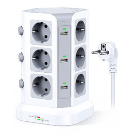 Мережевий фільтр KOOSLA на 12 розеток та 6 USB-портів, подовжувач-вежа з індивідуальними вимикачами, захист від перенапруги, 4000W/16A, кабель 2м, білий