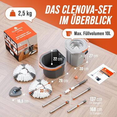 Набір для миття підлоги CLENOVA® з відром та системою віджимання педаллю, 2 мікрофібрових насадок – для всіх типів підлоги, сірий
