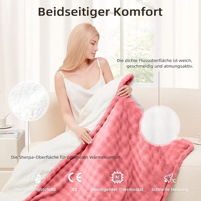 Електрична гріюча ковдра 130x180 см з таймером та захистом від перегріву, 9 режимів нагріву, функція пам'яті, рожева