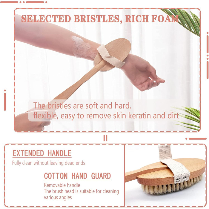 Щітка для тіла з довгим руків'ям, щітка для спини знімний руків'я, 2 насадки, для очищення тіла, скребок для спини в душі, натуральна щетина, Mango Largo