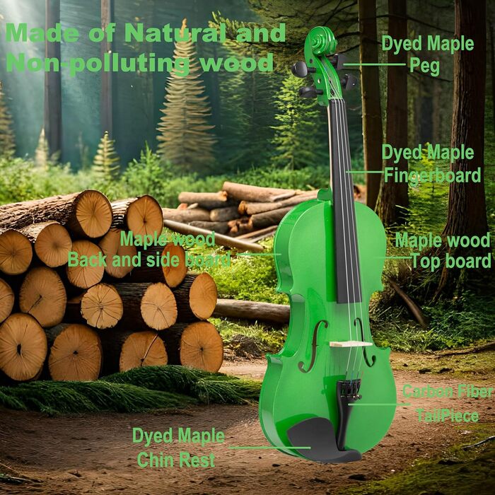 Скрипка Crafteem для початківців, дітей та дорослих, ручної роботи, з 5 кольоровими гриф-стрічками (1/2, зелена)