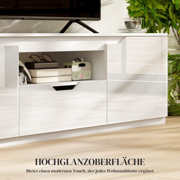 HOMCOM TV Stand with High-Gloss Finish, Holds TVs up to 65'', 3 Shelves, 1 Drawer, 160 x 38 x 43 cm, White