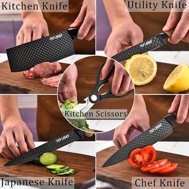 Набір кухонних ножів, 6 предметів, чорний, гострий, з антипригарним покриттям, нержавіюча сталь, з підставкою для ножів (чорний)