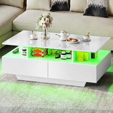 Журнальний стіл YITAHOME білий, глянець, з LED-підсвіткою 16 кольорів, сучасний стіл для вітальні з відкритою полицею і 4 висувними шухлядами, 90x55x41,1 см