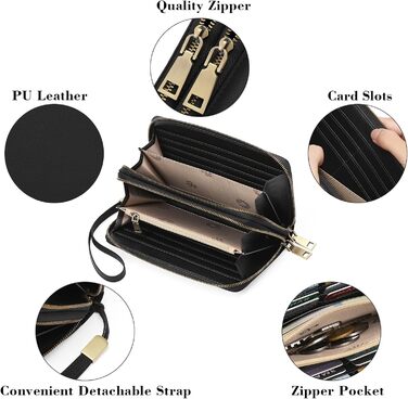 GAEKEAO Wallet for Women Large, Vegan Leather Double Zipper Women's Wallet, RFID Protection Clutch Wallet for Women Large, with Many Card Slots, Purse for Women