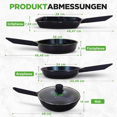 Набір посуду NutriChef 5 предметів: сковорода для гриля, вок, сковорода 28 см, рибна сковорода овальна, кришка з термостійкого скла, антипригарне покриття, індукційне дно, довговічний дизайн, без BPA, для здорового приготування їжі