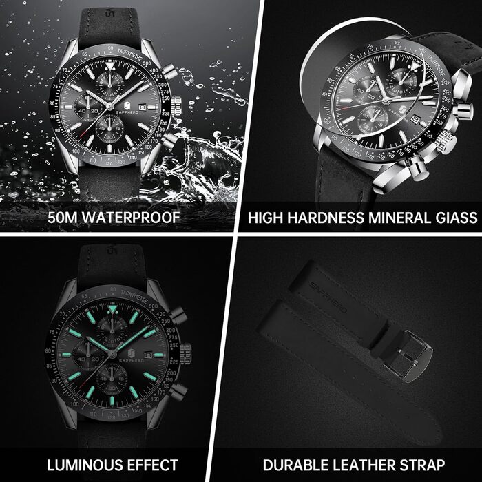 Годинник чоловічий BENYAR Chronograph з кварцовим механізмом, аналоговий, з шкіряним ремінцем. Стильний дизайн для бізнесу, спорту та повсякденного носіння. Водостійкість 30M. Елегантний подарунок для чоловіків (чорний ремінець, сріблясте корпус, чорне ци