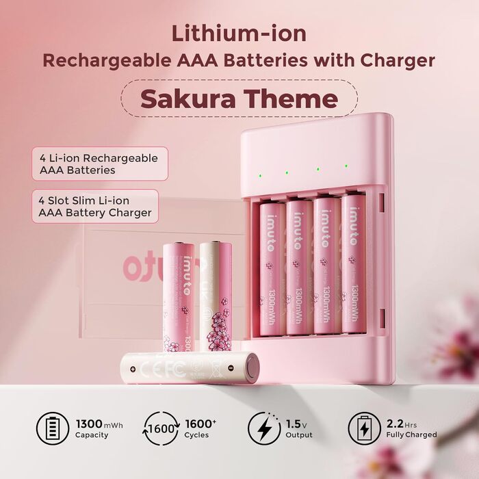 Імуто Акумулятори Li-Ion AA, 8 шт. з зарядним пристроєм, 2500 мWh, висока ємність, 1.5V, 1600+ циклів, низький саморозряд