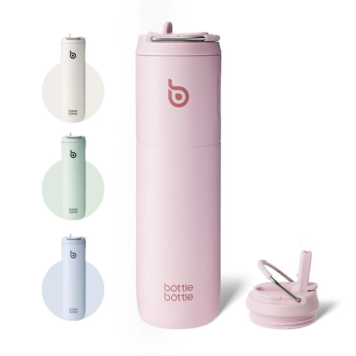 Пляшка для води BOTTLE BOTTLE 750 мл з соломинкою, кришкою та ручкою - не протікає, BPA-free, подвійні стінки, рожева. Ідеальна для спорту, подорожей та фітнесу.