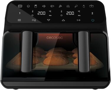 Фритюрниця без олії Cecotec Cecofry Advance 9000 Window 9L. Потужність 2200W, рухома перегородка, подвійний контроль температури 80-200ºC, вікно, PerfectCook, чорний колір, 1 кошик