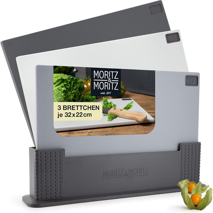 Moritz & Moritz 3x Cutting Board Set - 32 x 22 cm - In a Practical Stand – Large Kitchen Board – Dishwasher-Safe and Hygienic