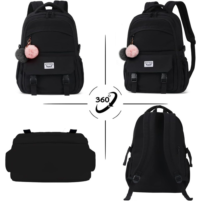 Шкільний рюкзак для підлітків: водонепроникний, з відділенням для ноутбука 15.6 дюймів, легкий, чорний