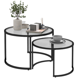 HOMCOM Set of 2 Side Tables with Black Steel Frame and Tempered Glass Tabletop, Partially Stackable for Living Room & Lounge