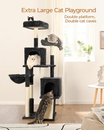 Кігтеточка для котів FourFurPets 156 см, з драбиною з сизалю, 2 платформи, 2 печери, гамак, іграшки, сірий