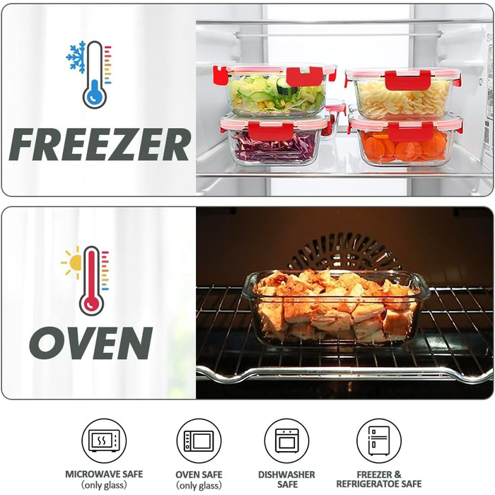 Набір контейнерів Verones 24 шт. з кришками, повітряний, скляний, для обіду, червоний