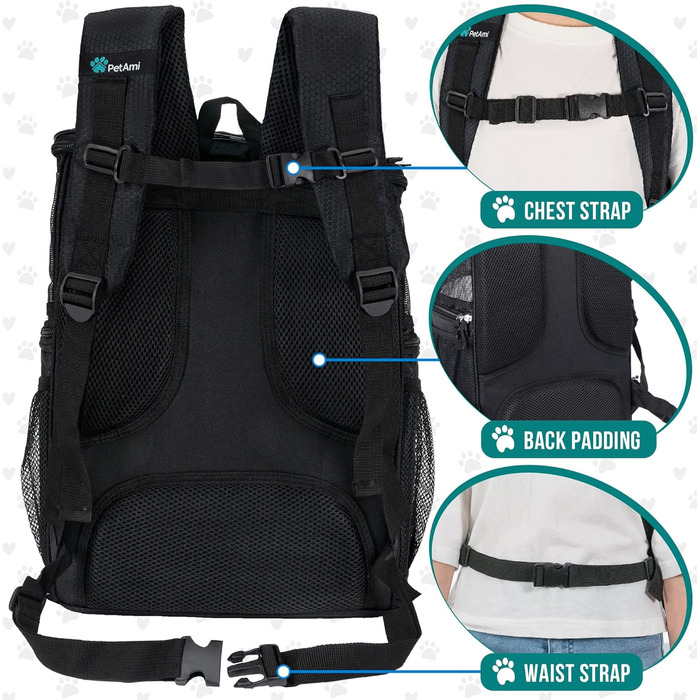 PetAmi Рюкзак-переноска для собак та котів, чорний, для подорожей, з вентиляцією, м'які стінки