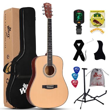 Акустична гітара Winzz 4/4 для початківців, 41 дюйм з чохлом, тюнером, ремінком, медіатором, запасним струною та підставкою (натуральний колір)
