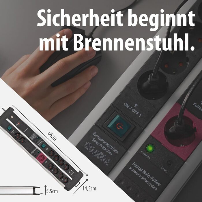 Бренненштуль Premium-Protect-Line Мережевий фільтр для геймерів з 11 розетками, USB 3.10A, захист від перенапруги, 3м кабель, Made in Germany (сріблястий/чорний)