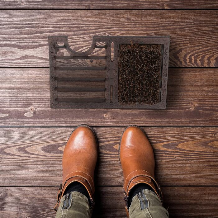 Relaxdays Shoe Scraper, made of cast iron, large brush, boot butler, antique design, outdoor area, shoe cleaner, brown, 12 x 33.5 x 22.5 cm