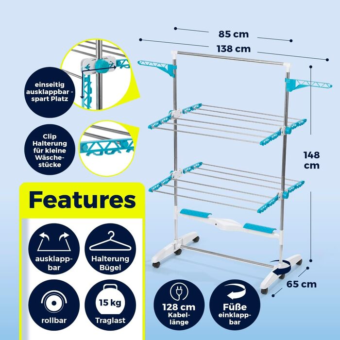Електричний сушильний стійка EASYmaxx 900 з роликами, 9м довжини сушіння та 2 ярусами | Турбо стійка для білизни з бічними крилами та технологією повітряного потоку | 138x65x148 см