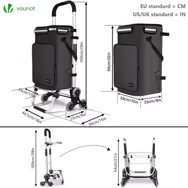 VOUNOT® Aluminum Shopping Trolley Stair Climber, 3-in-1 Trolley Shopping Cart Foldable, Hatching Cart with Cooler Compartment and Hooks, 6 Wheels & Large Capacity, Waterproof, (60L, Black)