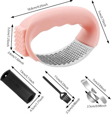 Пресс для часнику та імбиру з важелем, набір з очищувачем для апельсинів, рожевий, нержавіюча сталь