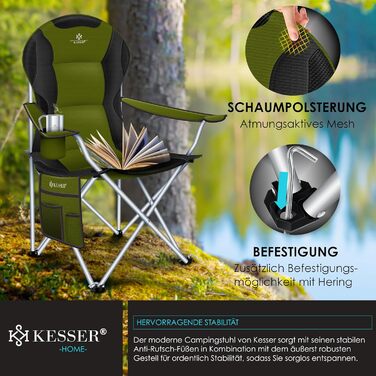 Крісло для кемпінгу KESSER® розкладне, до 150 кг, для риболовлі, з підлокітниками, високою спинкою, пляшкотримачем, світлом, сумкою, бежевий/чорний