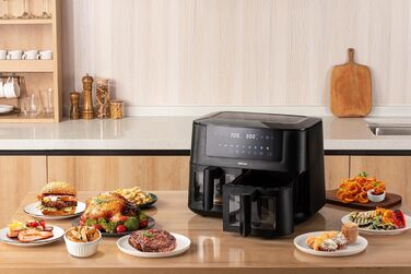 Фритюрниця Linsar з подвійною зоною та двома кошиками, 8л, з сенсорним екраном, 9 режимів, Dual Cook, чорний