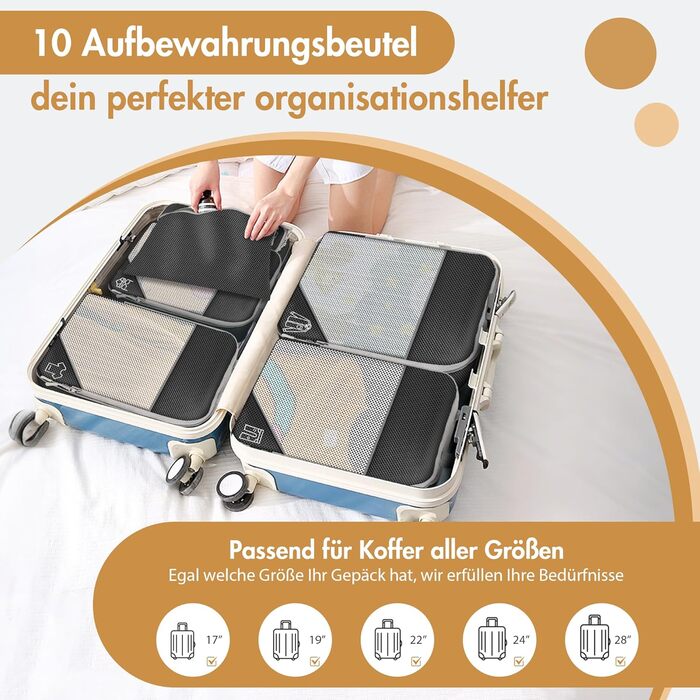 Органайзер для валізи, набір Packing Cubes (9 шт.) з компресією та чохлом для взуття, водонепроникні, дихаючі, сірі (чорні)