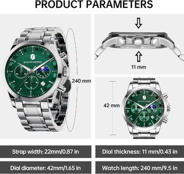 Годинник чоловічий BENYAR Chronograph Аналоговий кварц Водостійкий з датою. Елегантний бізнес-стиль. Чудовий подарунок для чоловіків (срібний браслет/зелений циферблат)