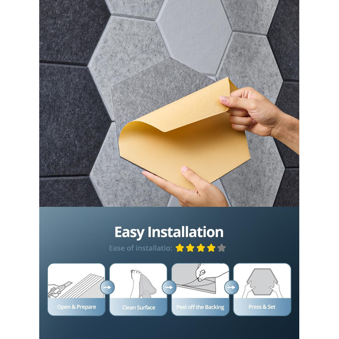 Акустичні гексагональні панелі самоклеючі для звукоізоляції, 12 шт, поглинач шуму для студії, вітальні, геймерської кімнати та офісу, 30 x 26 x 0,9 см (Білий)