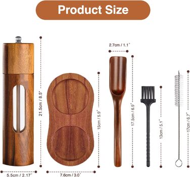 Механічна водяна млин для перцю та солі, набір 2 шт. з регулюванням помелу, керамічний жорно, з підставкою, 21.5 см