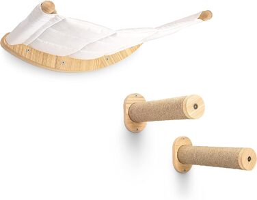 AZANO® Cat Wall | Cat Hammock XL [Extra Stable and Large] with Cat Ladder for the Wall | Cat Ladder with Sleeping Place | Climbing Cat Bed made of Natural Wood | 3-Piece (with Scratching Posts)