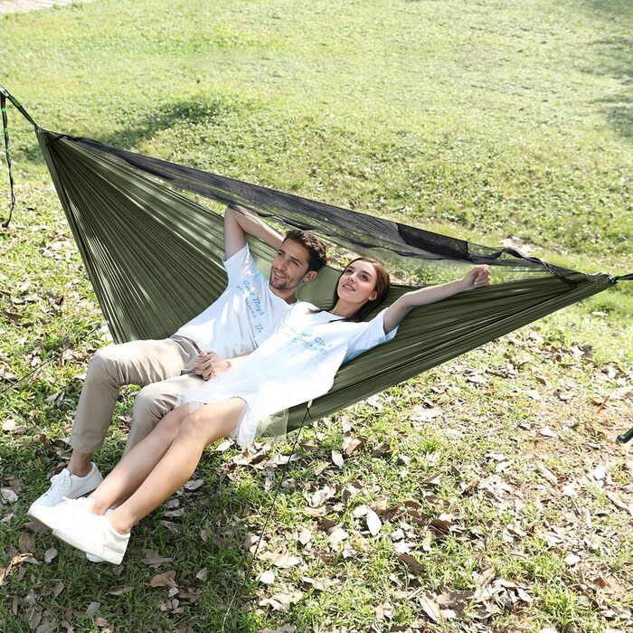 Гаммак для кемпінгу з москітною сіткою та стропом, великий на 2 особи, 290 x 140 см, легкий, для відпочинку на природі, походів, подорожей та рюкзаків, колір: оливковий